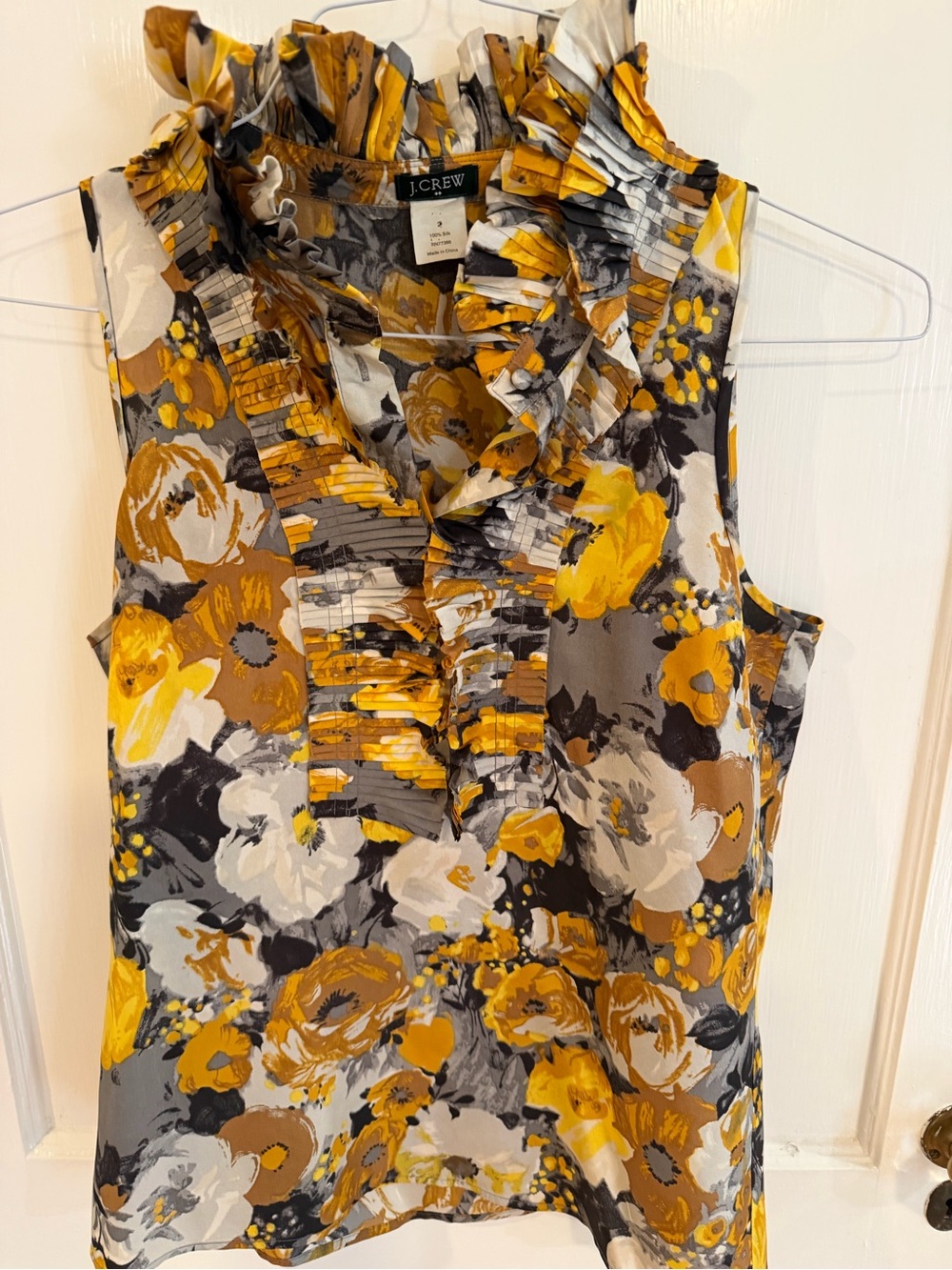 J. Crew Sleeveless Ruffle-Neck Floral Silk Blouse